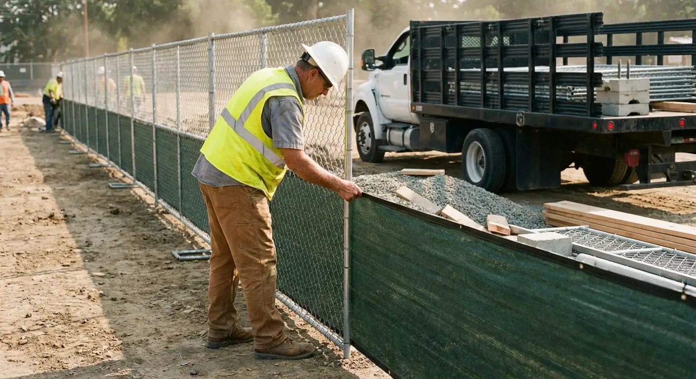 Privacy windscreen installation on construction fence in Kingwood, TX