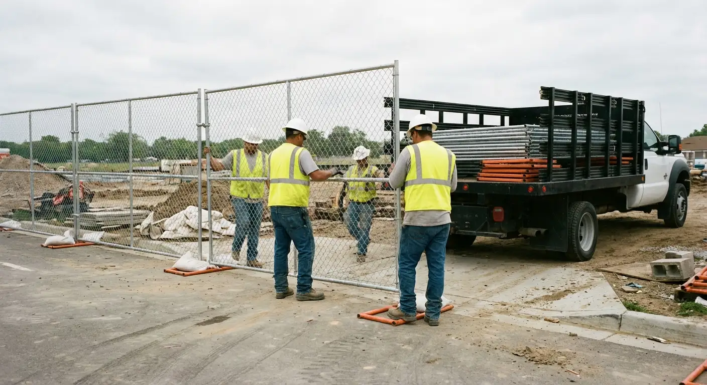 Lake Houston Fence Rentals team securing a construction site perimeter in Kingwood, TX